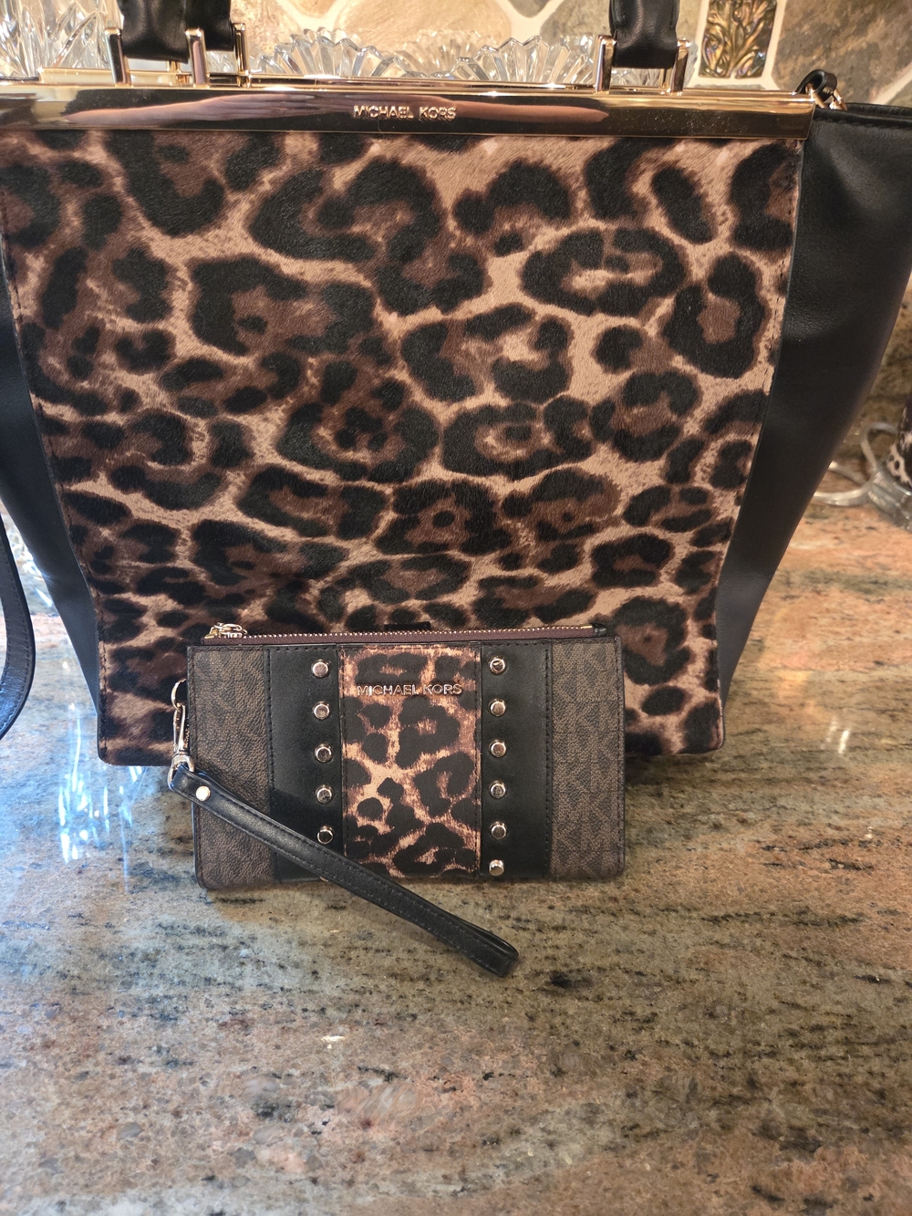 Michael Kors Leopard Print Bag and Wristlet Set in Brown/Black
